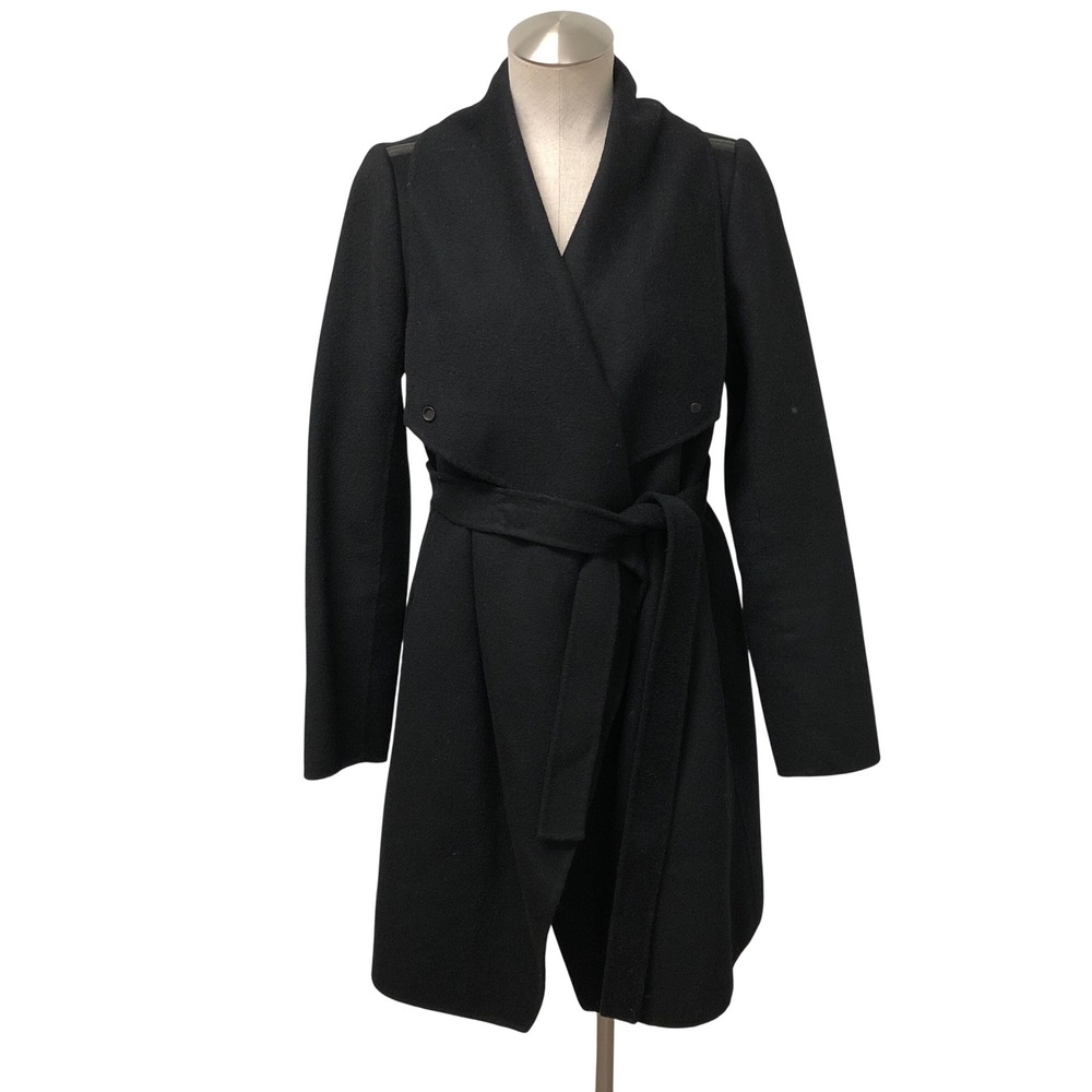 Vince Wrap Coat Womens Small Black Wool Leather Trim Belted Minimalist Edgy
